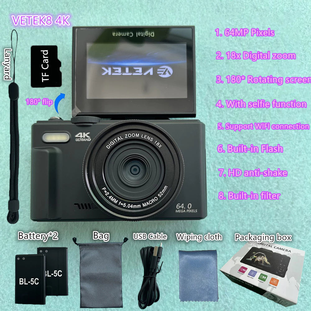 4K Digital Vlogging Camera | Flip Screen & 18X Zoom